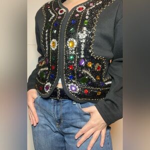 Vintage Whimsigoth Beaded Rhinestone Jewel Cardigan Evening Glam L